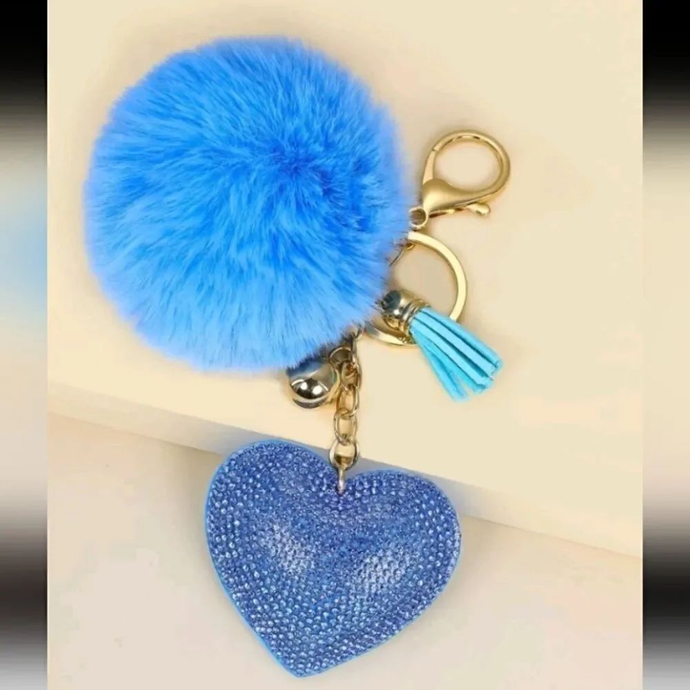 New Blue Rhinestone Heart Tassel Pom Keychain Purse Charm Gift Present